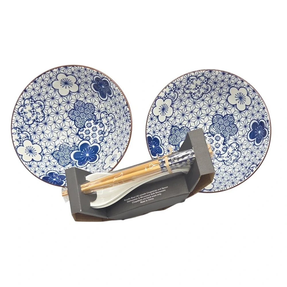 SH Home Blue Floral Ceramic Ramen Noodle Bowl Set of 2 With Chopsticks And Spoon